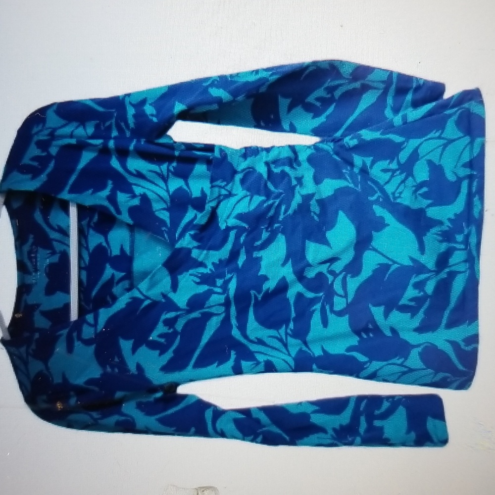 Soft SURROUNDINGS Medium Teal Blue Abstract Floral Print Faux WrapTop Blouse